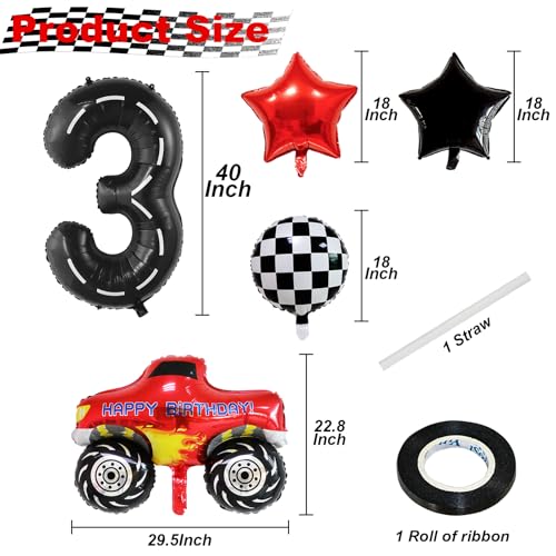 Villorem Truck Birthday Balloons Decorations 40 Inch Racetrack Number Balloon 3 Checkered Foil Balloons Red and Black Star Balloon for Race Car Theme Birthday Party Decorations 7Pcs - Image 5