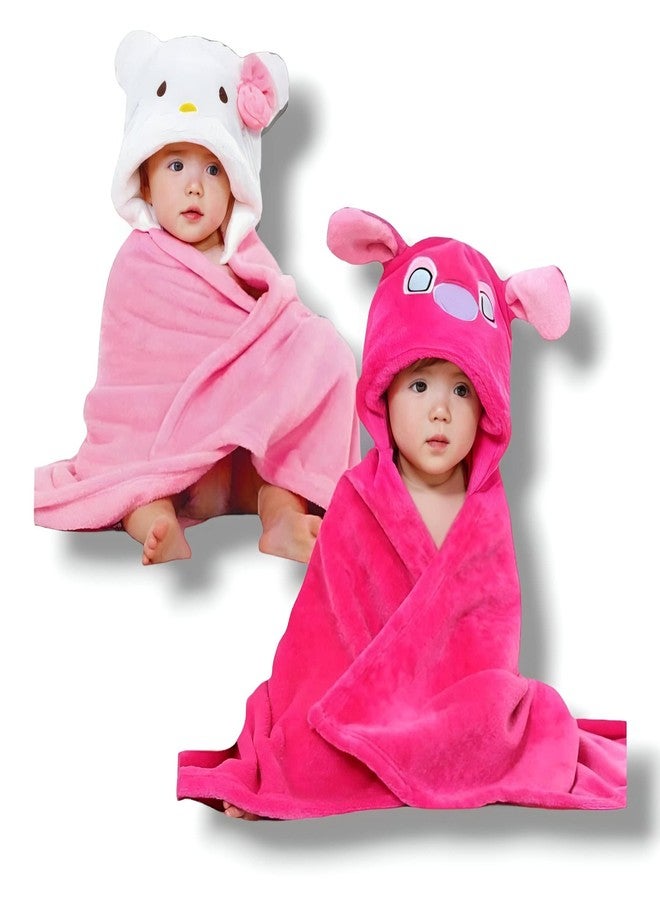 BRANDONN Fleece New Born Premium Hooded All Season Wrapper Cum Baby Bath Towel Pack of 2 Multi - Image 1