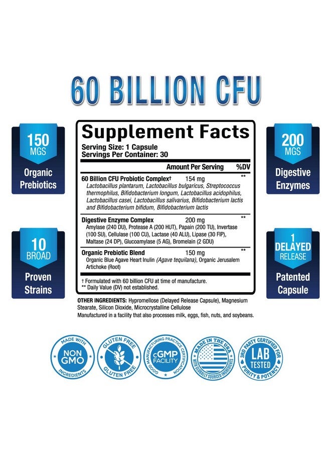 Purely Optimal Premium Probiotics 60 Billion CFU w/Organic Prebiotics & Digestive Enzymes - Image 2