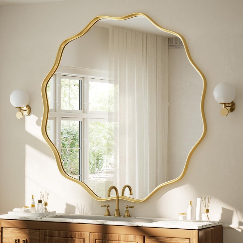 VooBang Gold Scalloped Large Circle Mirror, 42" Wavy Edge Round Wall Mirror with Tempered Glass Textured Circular Metal Deep Frame, Hanging Leaning for Bathroom, Hallway, Entryway, Livng Room - Image 1