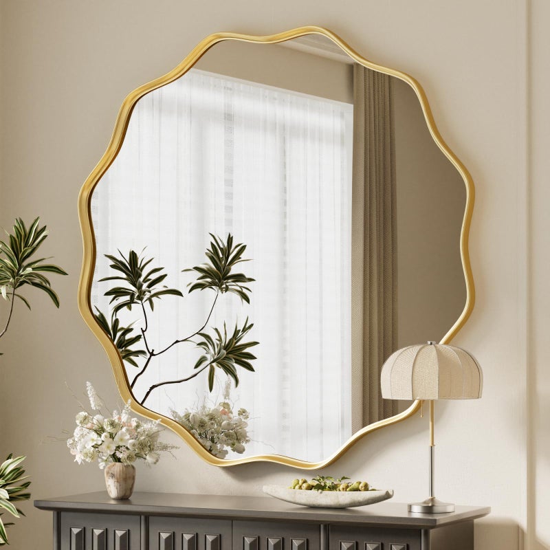 VooBang Gold Scalloped Large Circle Mirror, 42" Wavy Edge Round Wall Mirror with Tempered Glass Textured Circular Metal Deep Frame, Hanging Leaning for Bathroom, Hallway, Entryway, Livng Room - Image 4