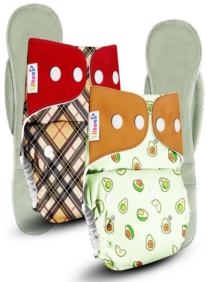 LILTOES Cloth Diapers For New Born Babies 0 to 3 Years | Freesize Adjustable and Reusable | Premium Cloth Nappies Pack of 2 (2 Cloth Diapers + 2 Inserts) | Avo Baby + Duplin Checkered - Image 1