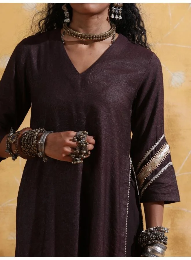 trueBrowns trueBrowns Brown Metallic High-Slit Straight Kurta Set