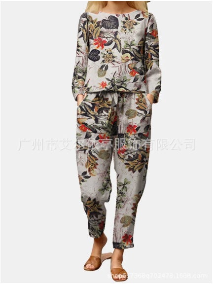 Spot cross-border 2023 new cotton and linen leisure printing flower pattern elastic waist two-piece set factory direct sales Yellow 