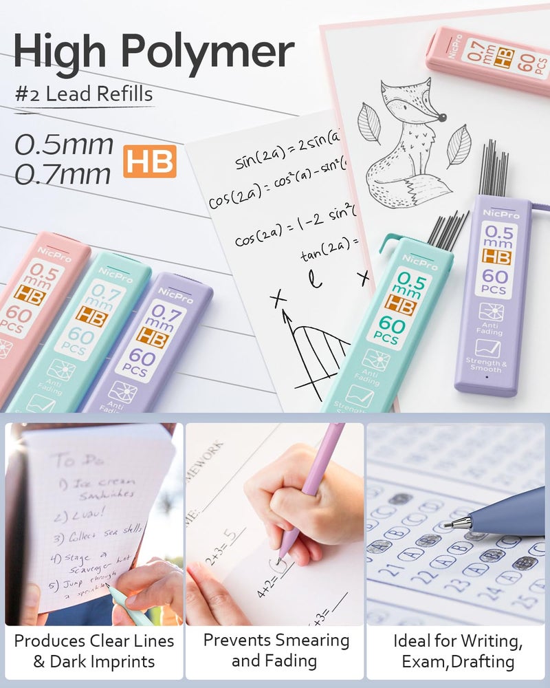 Nicpro 6PCS Pastel Mechanical Pencil Set with Case, Cute Drafting Pencils 0.5mm & 0.7mm with 6 Tubes HB Lead Refills, Erasers, Eraser Refills, Aesthetic School Supplies for Girls Drawing Sketching - Image 3