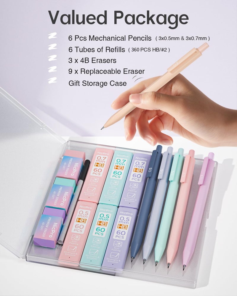 Nicpro 6PCS Pastel Mechanical Pencil Set with Case, Cute Drafting Pencils 0.5mm & 0.7mm with 6 Tubes HB Lead Refills, Erasers, Eraser Refills, Aesthetic School Supplies for Girls Drawing Sketching - Image 5