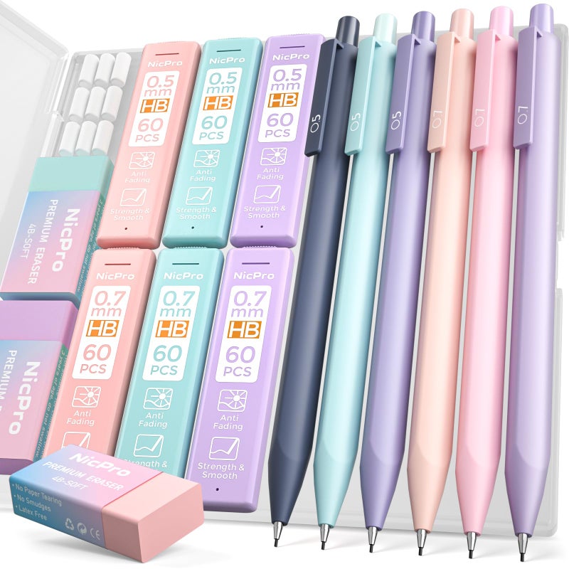 Nicpro 6PCS Pastel Mechanical Pencil Set with Case, Cute Drafting Pencils 0.5mm & 0.7mm with 6 Tubes HB Lead Refills, Erasers, Eraser Refills, Aesthetic School Supplies for Girls Drawing Sketching - Image 1