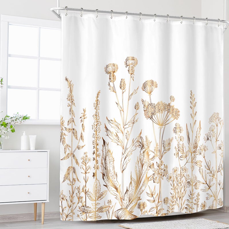 Riyidecor White Gold Floral Wildflower Shower Curtain for Bathroom Decor 60Wx72H Rustic Botanical Herbs Plant Leaves Vintage Nature Farm Art Printed Fabric Polyester Waterproof 12 Pack Plastic Hooks - Image 2