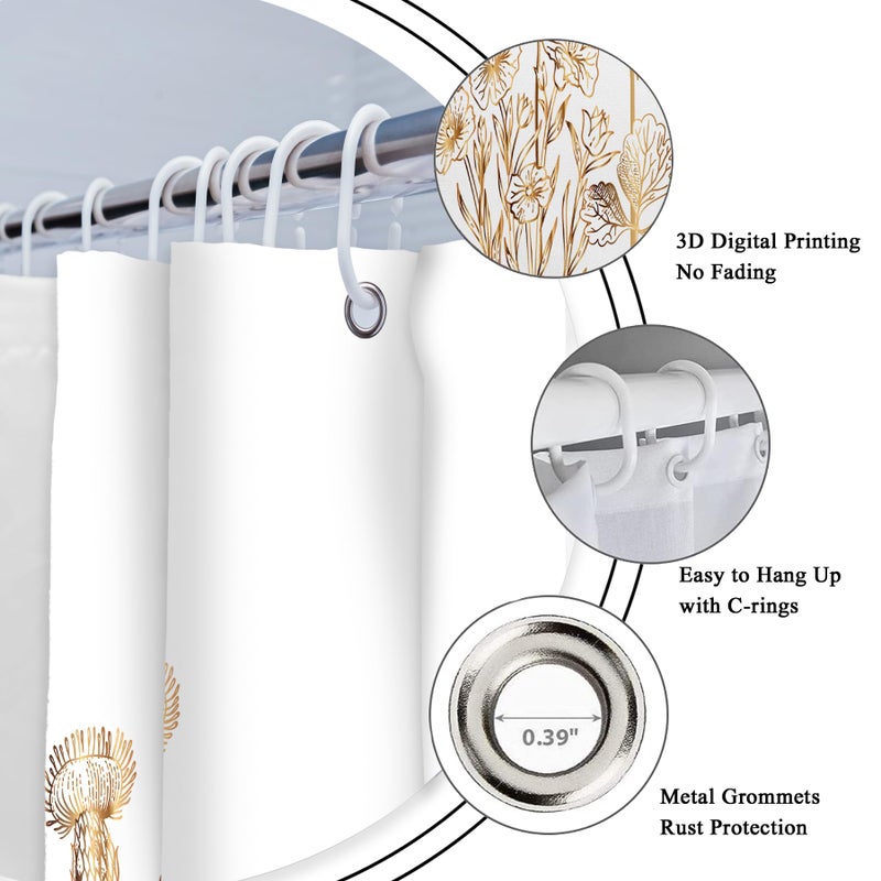 Riyidecor White Gold Floral Wildflower Shower Curtain for Bathroom Decor 60Wx72H Rustic Botanical Herbs Plant Leaves Vintage Nature Farm Art Printed Fabric Polyester Waterproof 12 Pack Plastic Hooks - Image 4