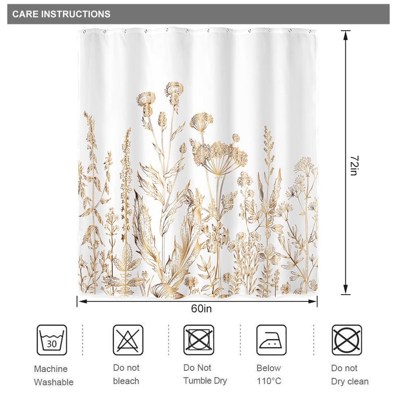 Riyidecor White Gold Floral Wildflower Shower Curtain for Bathroom Decor 60Wx72H Rustic Botanical Herbs Plant Leaves Vintage Nature Farm Art Printed Fabric Polyester Waterproof 12 Pack Plastic Hooks - Image 3