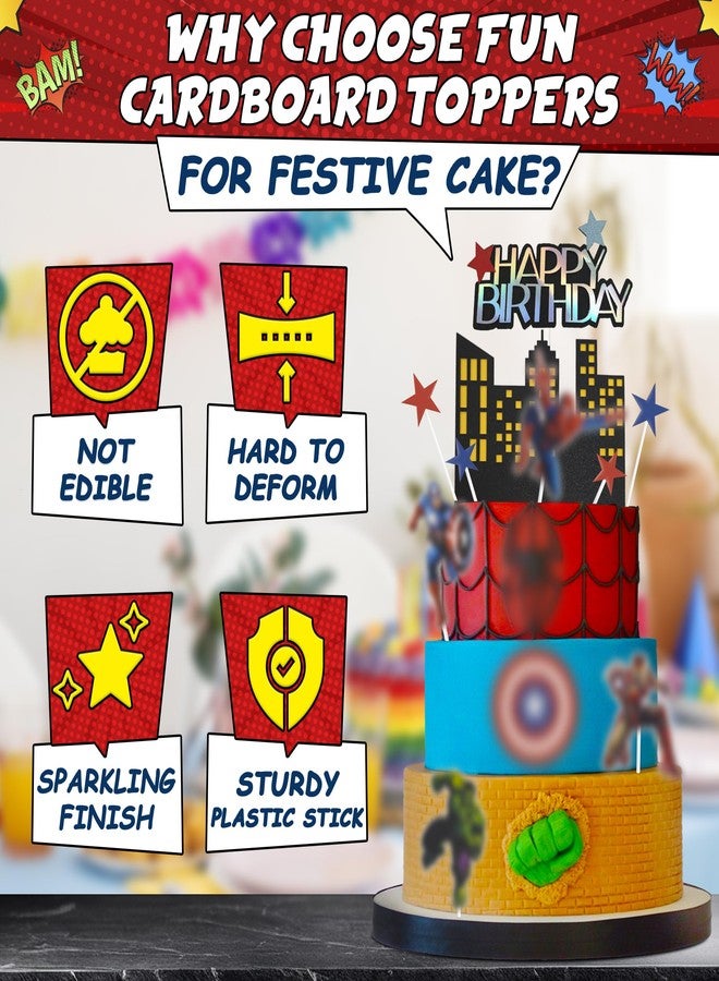 V TOWER Superhero Birthday Decorations - 11Pcs Colorful Superhero Cake Topper with Bold Action Figures, Sturdy Cardboard & Installation Stick, Easy to Use, Super Hero Birthday Decorations for Boys & Girls - Image 4