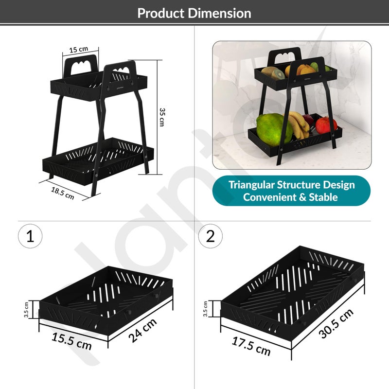 plantex رف بلاستيك GI-Steel ذو طبقتين/رف متعدد الاستخدامات/رف تخزين للمطبخ/سلة فواكه وخضروات للمطبخ - عبوة من 1، (أسود) - Image 2