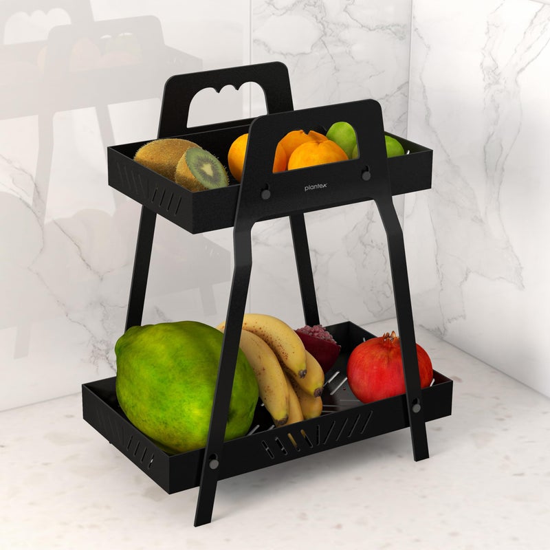 plantex رف بلاستيك GI-Steel ذو طبقتين/رف متعدد الاستخدامات/رف تخزين للمطبخ/سلة فواكه وخضروات للمطبخ - عبوة من 1، (أسود) - Image 1