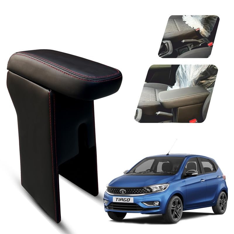 Carigiri Premium Finish Car Armrest with Storage Box And High Density Moulded Foam For Tata Tiago (Black With Red Double Stitching,Nappa Leatherette) - Image 1