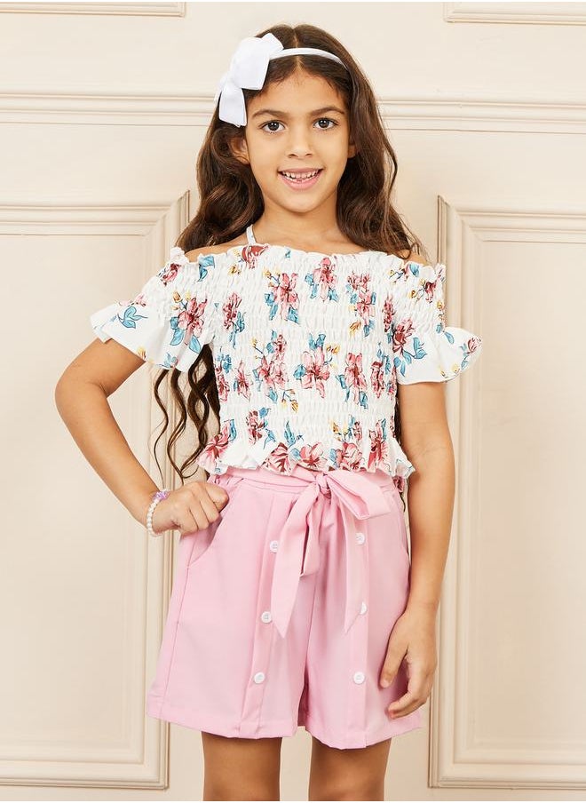 Styli - Floral Print Cold Shoulder Smocked Top & Tie Up Button Detail Shorts Set - Image 1