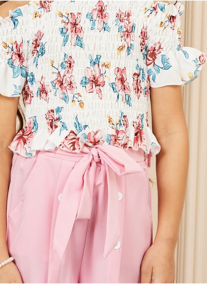 Styli - Floral Print Cold Shoulder Smocked Top & Tie Up Button Detail Shorts Set - Image 1