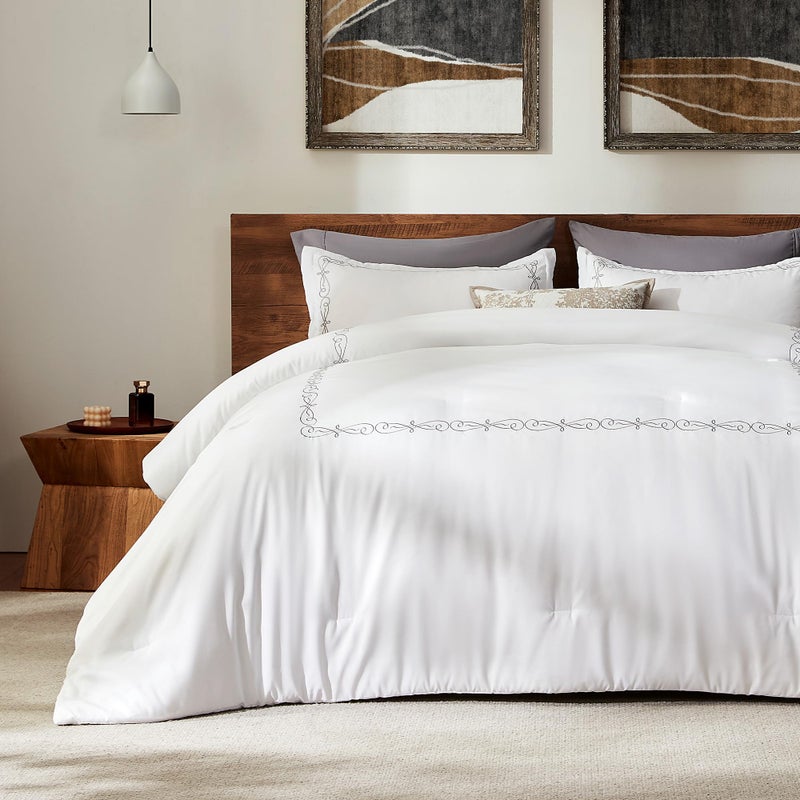 SLEEP ZONE Queen Comforter Set Luxury Hotel Collection Comforter 3 Pieces Fluffy Lightweight Down Alternative Duvet Insert with Embroidered Stripes Elegant Scroll King