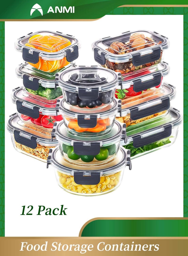 Anmi 12 Pack Glass Food Storage Containers with Lids, Bento Box Lunch Containers, Food Prep Lunch Box Microwave, Freezer and Dishwasher - Image 1