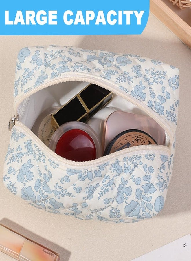 FITINI 2 Pcs Makeup Bag Large Cosmetic Bags Portable Travel Toiletry Case Organizer Cute Small Brushes Storage Pouch with Zipper for Women Purse,Quilting Blue Flower - Image 2