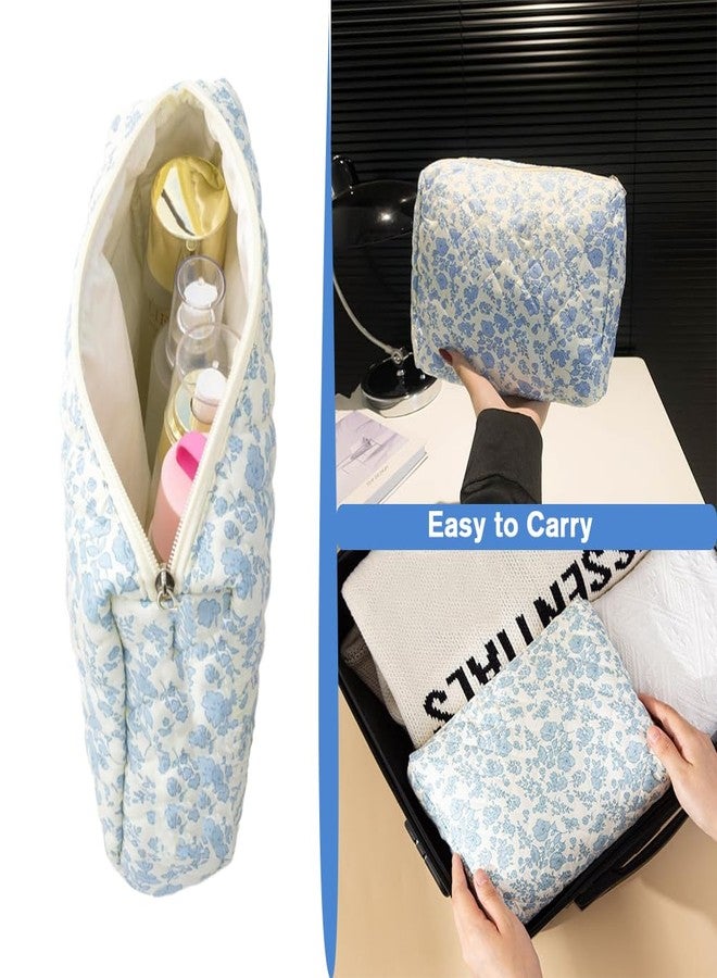 FITINI 2 Pcs Makeup Bag Large Cosmetic Bags Portable Travel Toiletry Case Organizer Cute Small Brushes Storage Pouch with Zipper for Women Purse,Quilting Blue Flower - Image 4
