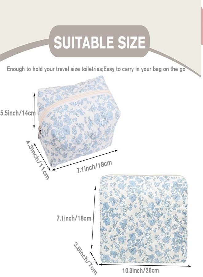 FITINI 2 Pcs Makeup Bag Large Cosmetic Bags Portable Travel Toiletry Case Organizer Cute Small Brushes Storage Pouch with Zipper for Women Purse,Quilting Blue Flower - Image 3