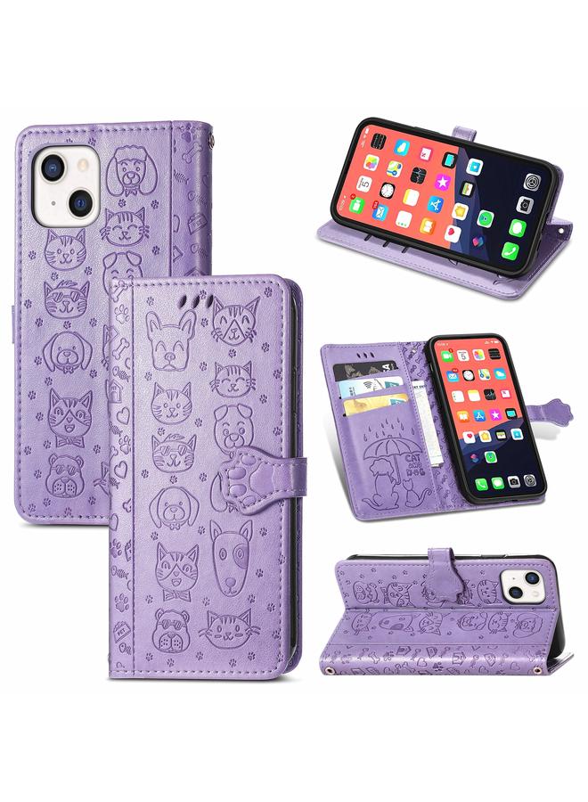 زبون جراب لهاتف iPhone 13، جراب جلدي أفقي منقوش عليه قطة وكلب لطيف مع حامل وفتحات للبطاقات ومحفظة وحبل لهاتف iPhone 13 - Image 1