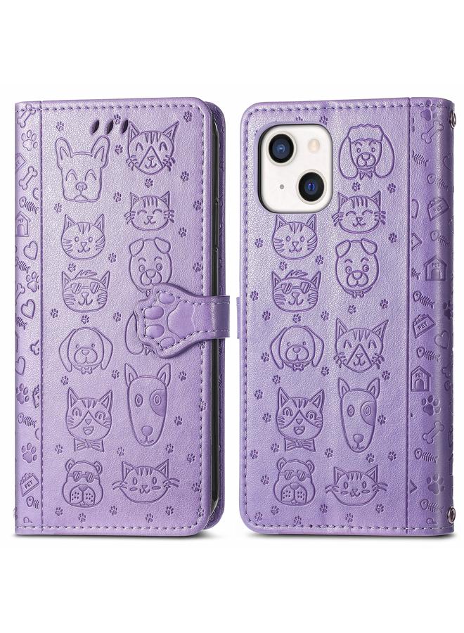 زبون جراب لهاتف iPhone 13، جراب جلدي أفقي منقوش عليه قطة وكلب لطيف مع حامل وفتحات للبطاقات ومحفظة وحبل لهاتف iPhone 13 - Image 2