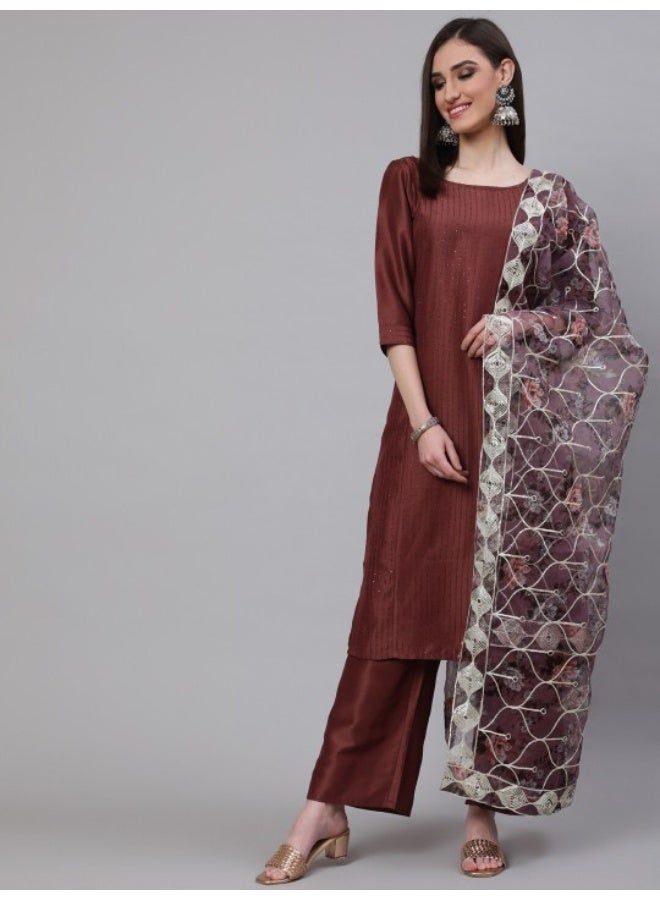 AKS Brown Sequin Kurta Palazzo With Gota Work Dupatta - Image 1