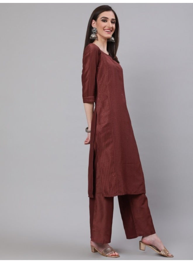 AKS Brown Sequin Kurta Palazzo With Gota Work Dupatta - Image 4