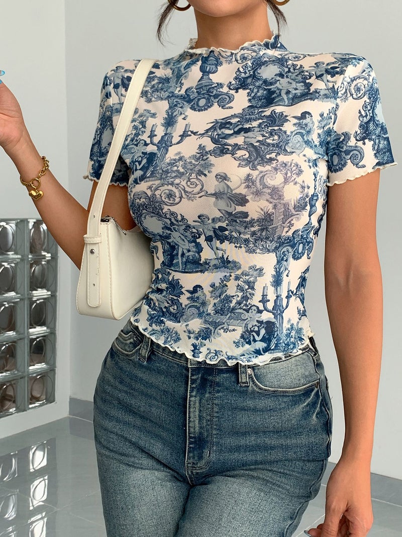 Elegant Mesh Print Ruffle Short Sleeve T-Shirt Slim Fit Top - Image 4