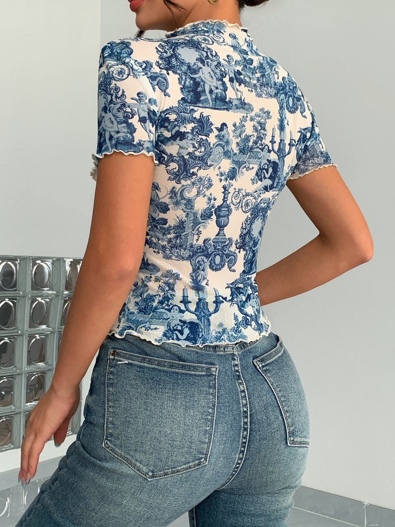 Elegant Mesh Print Ruffle Short Sleeve T-Shirt Slim Fit Top - Image 2