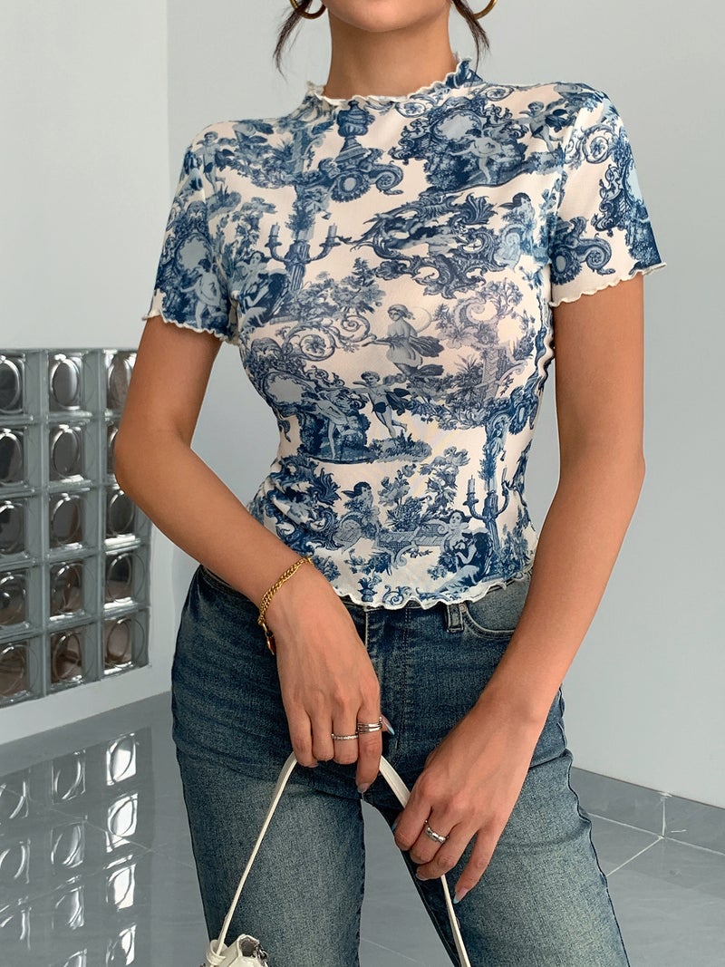 Elegant Mesh Print Ruffle Short Sleeve T-Shirt Slim Fit Top - Image 5