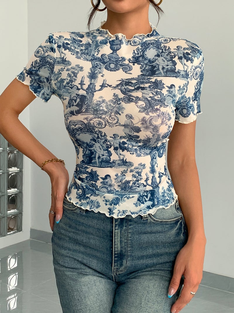 Elegant Mesh Print Ruffle Short Sleeve T-Shirt Slim Fit Top - Image 1
