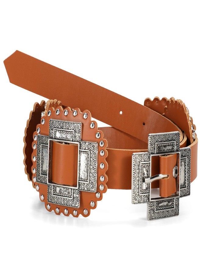 LEACOOLKEY Women Western Leather Belt Boho Cross Conch Waist Belt for Dress Jeans - Image 1