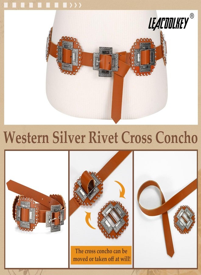 LEACOOLKEY Women Western Leather Belt Boho Cross Conch Waist Belt for Dress Jeans - Image 4