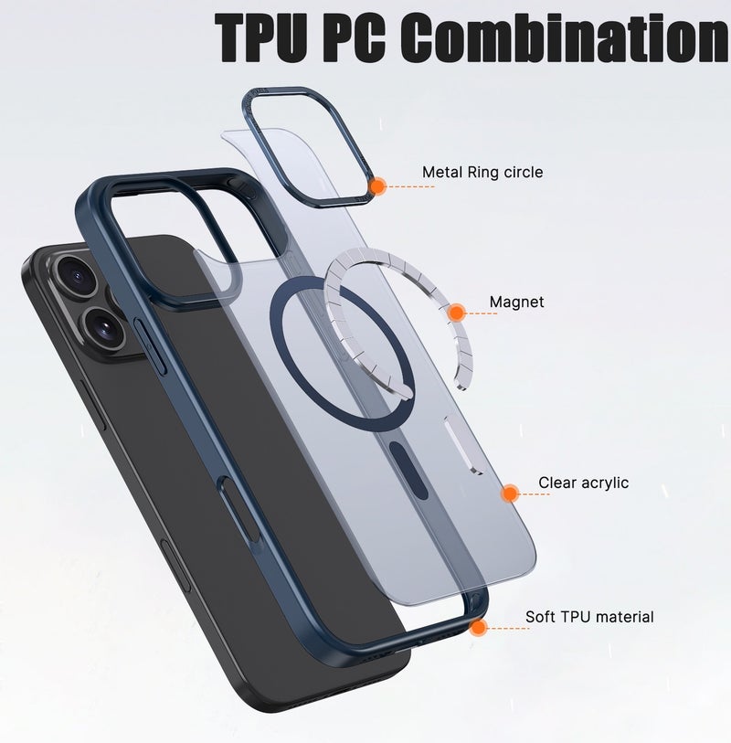 for iPhone 16 Pro Max Case Compatible with MagSafe,Magnetic Phone Case for iPhone 16 Pro Max,Skin-Friendly Hybrid TPU Hard Back Matte Cover,N52 Built-in Magnets,Metal Camera Frame Shockproof Case Navy Blue - Image 5