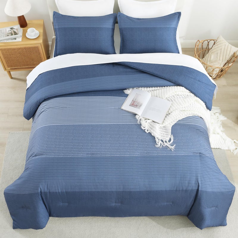 Litanika Litanika Comforter Set Queen Size Sapphire Blue - 3 Pieces Lightweight Sapphire Blue White Colorblock Stripe Fluffy Bedding Comforter Sets  All Season Bed Set  - Image 4