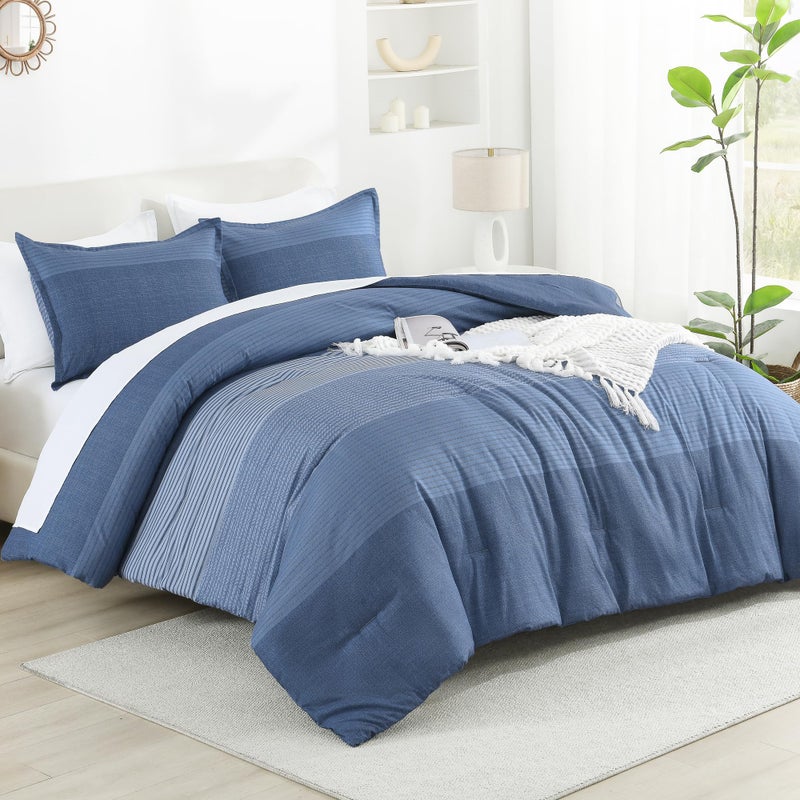 Litanika Litanika Comforter Set Queen Size Sapphire Blue - 3 Pieces Lightweight Sapphire Blue White Colorblock Stripe Fluffy Bedding Comforter Sets  All Season Bed Set  - Image 2