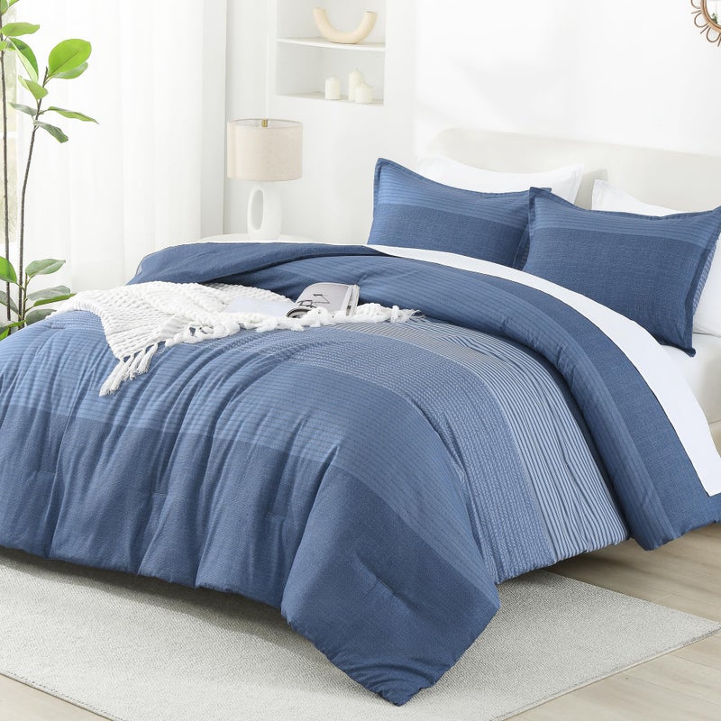 Litanika Litanika Comforter Set Queen Size Sapphire Blue - 3 Pieces Lightweight Sapphire Blue White Colorblock Stripe Fluffy Bedding Comforter Sets  All Season Bed Set  - Image 1