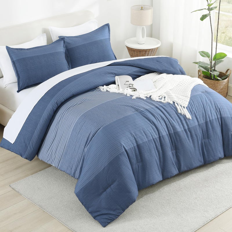 Litanika Litanika Comforter Set Queen Size Sapphire Blue - 3 Pieces Lightweight Sapphire Blue White Colorblock Stripe Fluffy Bedding Comforter Sets  All Season Bed Set  - Image 3