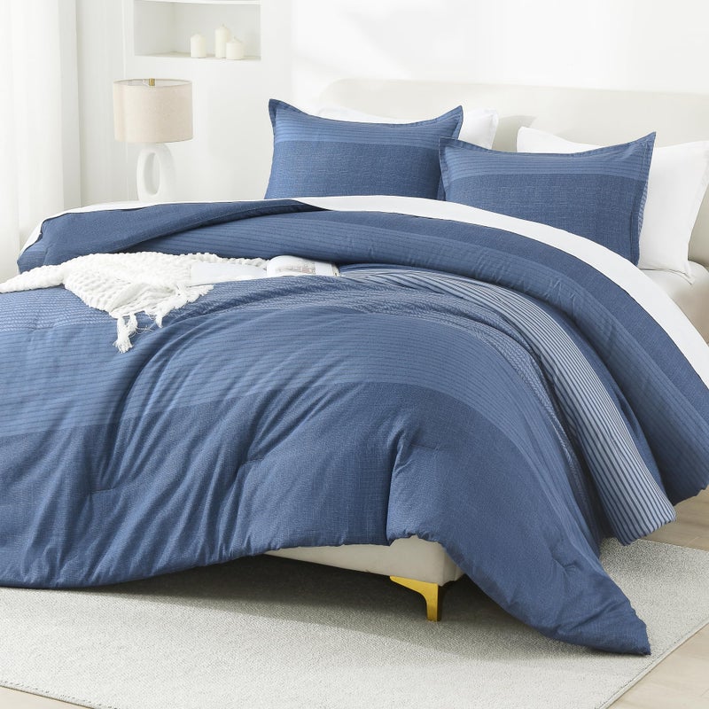 Litanika Litanika Comforter Set Queen Size Sapphire Blue - 3 Pieces Lightweight Sapphire Blue White Colorblock Stripe Fluffy Bedding Comforter Sets  All Season Bed Set  - Image 5