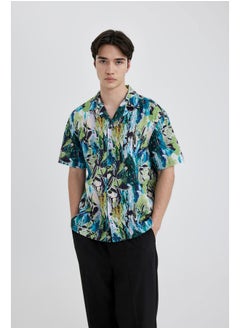 Man Oversize Fit Apache Neck Woven Short Sleeve Shirt