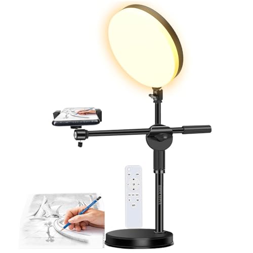 BROLAVIYA Overhead Video Floor Stand with Full-Screen Fill 10" Ring Light with Remote, Metal Flexible arm,1/4" Head for Camera, Webcam, with Mobile Bracket for YouTube, Desktop, Bedroom, Office. - Image 1