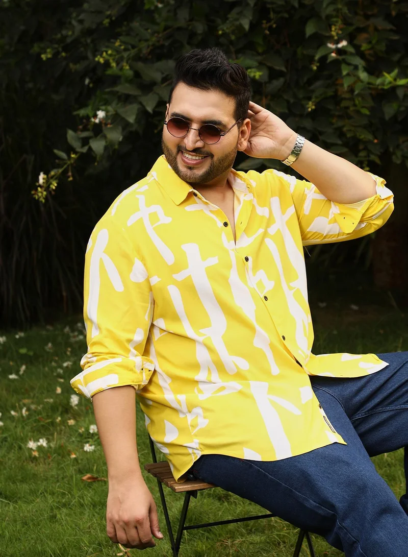 Instafab Plus Instafab Plus Men's Lemon Yellow Abstract-Drip Imprint Shirt | Spread Collar , Long Cuffed Sleeves , Button Closure , Curved Hemline | Abstract-Print Plain Viscose Material For Street & Casual Wear