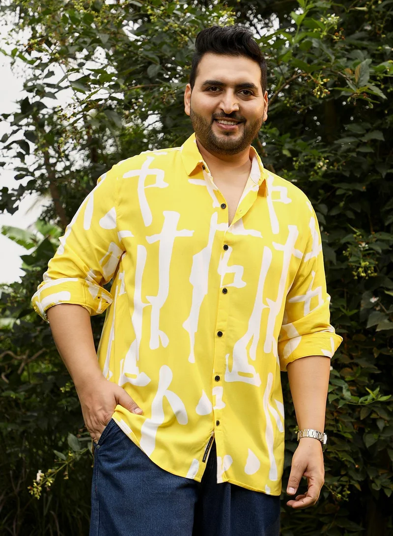 Instafab Plus Instafab Plus Men's Lemon Yellow Abstract-Drip Imprint Shirt | Spread Collar , Long Cuffed Sleeves , Button Closure , Curved Hemline | Abstract-Print Plain Viscose Material For Street & Casual Wear