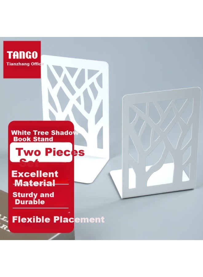 Tango L-shaped Medium Hollow White Tree Shadow Bookend Simple Desktop Bookshelf Book Stand Bookend Clip 1 Pair - Image 1