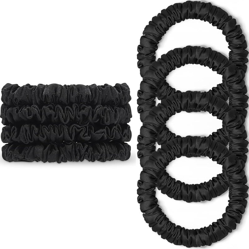 Scrunchies Hair Ties Silk Satin Scrunchy WantGor Women 4PC Pure Mulberry Silk Skinny Elastic Scrunchies Hair Bands Bracelets Ponytail Holders Hair Accessories Black4