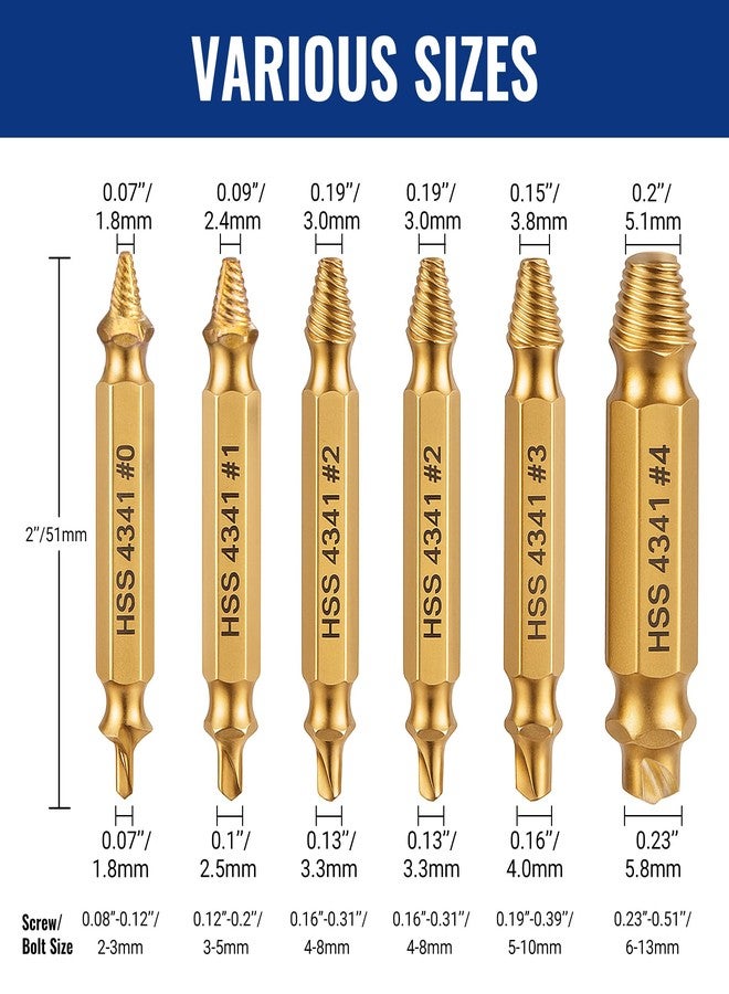 WORKPRO 6PCS Stripped Screw Extractor Set, Titanium Coated Broken Bolt Extractor Kit, Easy Out Damaged Screw Removal Tools, 4341 HSS Reverse Drill Bits with Portable Case - Image 5