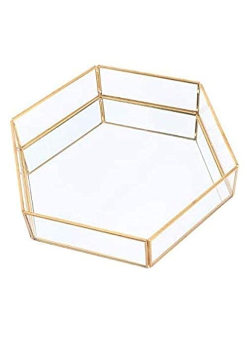 ARTINCO ARTINCO Glass Tray with Mirror Base Glass Jewelry Tray Mirror Base Vanity Tray Home Table Decor Makeup Organizer Vanity Tray Gold 8x9x15  - Image 4