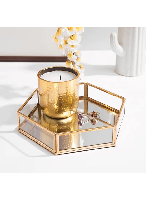 ARTINCO ARTINCO Glass Tray with Mirror Base Glass Jewelry Tray Mirror Base Vanity Tray Home Table Decor Makeup Organizer Vanity Tray Gold 8x9x15  - Image 1